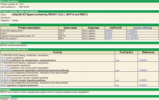 Result page of the Ubiquitin E3 ligase (containing FBXW7, CUL1, SKP1A and RBX1) protein complex from the CORUM database.