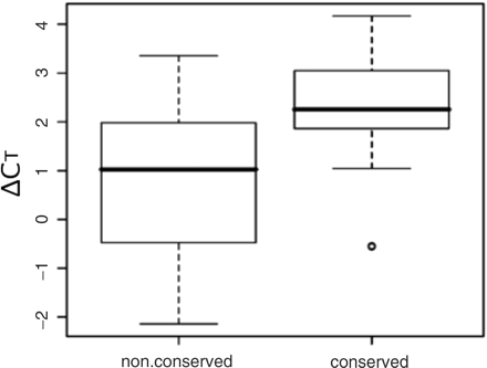 Comparison of enrichment of HNF3A/HNF3B targets between the TFBSs in the conserved and nonconserved regions on a part of the human chromosome 22. ChIP–chip analysis was performed by using an Affymetrix tiling array (GeneChip Chromosome 21/22 1.0 Array Set, c-chip). A total of 33 sites that exhibited a P-value <10–4 were detected and they were divided in two groups according to their localization within conserved (19 sites) and nonconserved (14 sites) regions. The conserved and nonconserved regions between human and mouse genome were defined by the analysis with zPicture program, an option of the ECR browser. The enrichment of each target site was assessed by X-ChIP/qPCR with specific primer sets measuring ΔCT, the difference between the threshold cycles observed with input chromatin DNA (1 ng) and with ChIP sample recovered by using anti-HNF3 antibody recognizing HNF3A and HNF3B. The median, upper and lower quartiles and minimum and maximum values of ΔCT are shown in the boxplot. The outlier value is plotted with a small open circle.
