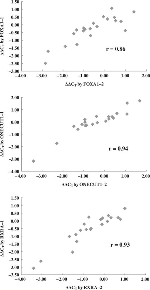 Perturbation of the TRF gene expression by two different siRNA species. Each of the three TRF genes was individually knocked down in HepG2 cells by either of the two different siRNAs specific to each of them, and changes in expression levels of 21 TRF genes were measured by qRT-PCR. The average ΔΔC T , SD and P values were obtained from triplicated experiments. Correlation coefficients were calculated on the basis of average ΔΔC T values.