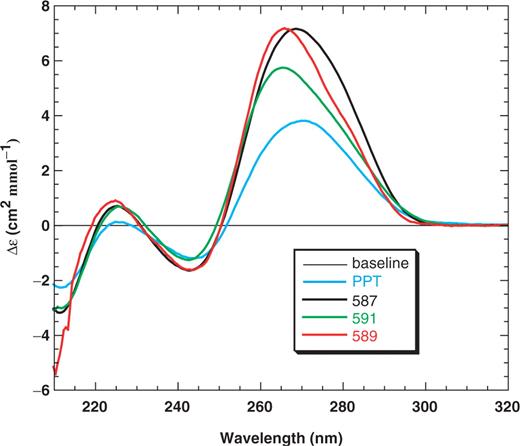 CD spectra of primer RNA–DNA hybrid duplexes. The hybrids were 20 bp in length except for the PPT hybrid, which was 15 bp. The spectra of the PPT (blue), 587 (black), 591 (green) and 589 (red) duplexes were determined as described in Materials and Methods section.