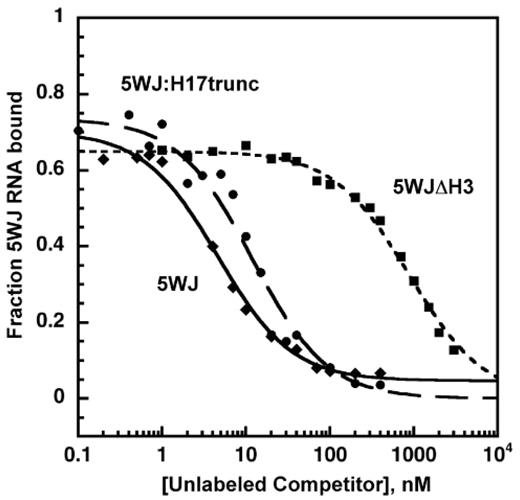 Competitive binding of Bst S4 to 5WJ RNA. Representative plot of competition between 32P-labeled 5WJ RNA and unlabeled RNAs with 22.5 nM Bst S4 in HKM4 buffer. Diamonds, WT 5WJ (Kd = 0.72 ± 0.20 nM); circles, 5WJ:H17trunc (Krel = 4.1 ± 3.3); squares, 5WJΔH3 (Krel = 360 ± 130).