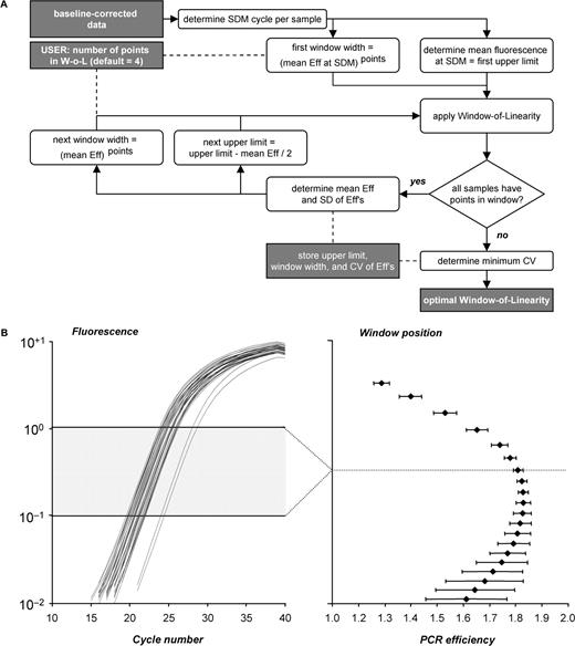 Setting the W-o-L. (A) Flowchart of the algorithm to determine the position of the W-o-L. The search for the optimal W-o-L starts with the upper limit of this window set at the mean fluorescence level found at the maximum of the second derivative (SDM) of the baseline-corrected fluorescence data. After application of this initial window, a loop is started in which the window is systematically lowered by half of the fluorescence increase per cycle. For each window, the coefficient of variation (CV) is calculated from the mean and the standard deviation of the PCR efficiencies. The minimum CV marks the W-o-L in which the PCR efficiencies of the samples show the least variation relative to the mean efficiency. (B) Intermediate results of the W-o-L setting algorithm. The left panel shows the baseline-corrected amplification curves of an example data set and the optimal W-o-L. The mean PCR efficiency and its standard deviation are plotted for each W-o-L (right panel). The smallest CV, and thus the smallest between-sample PCR efficiency variation, marks the optimal W-o-L. Data points at the beginning of the log-linear phase are preferentially present when a positive statistical noise carries them just above baseline. Consequently, in a very low W-o-L those samples behave as if their baseline was under-estimated and they contribute a low efficiency to the mean. This leads to the decrease of the mean efficiency in the lower-than-optimal windows.