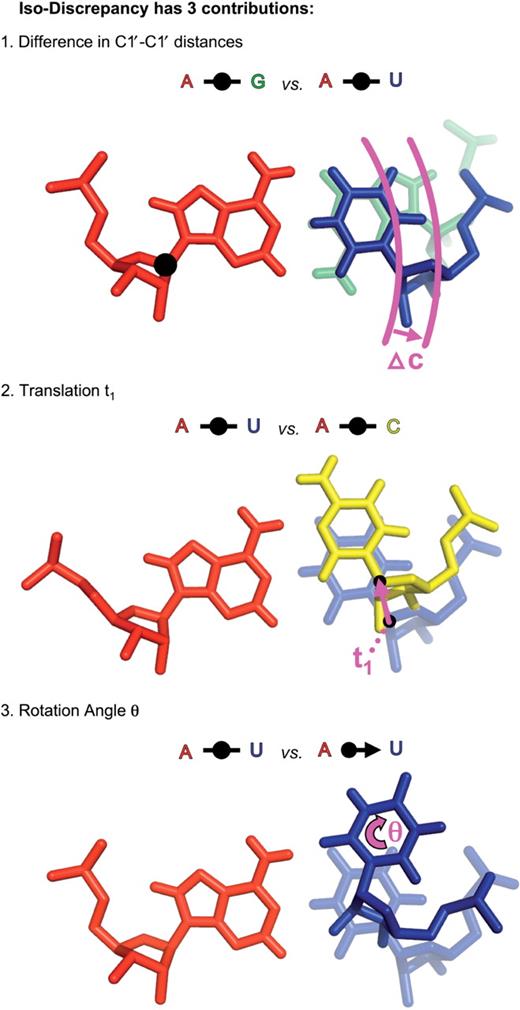 Representation of the three contributions to the IDI illustrated using non-isosteric base pairs. To calculate the IDI for two base pairs, the bases designated ‘first base’ in each base pair are superposed (bases on the left in each panel) and then the following three quantities are evaluated, normalized and summed: (1) The difference, Δc, in the intra-base pair C1′–C1′ distances, illustrated for two non-isosteric cWW base pairs, AG and AU. (2) The inter-base pair C1′–C1′ distance, t1, between the C1′ atoms of the second bases of the base pairs, illustrated for the near isosteric cWW AU and AC base pairs. We also calculate the corresponding distance t2 after first superposing the second bases of the base pairs. (3) The angle, θ, about an axis perpendicular to the base pair plane, required to superpose the second bases, illustrated using non-isosteric cWW AU and cWS AU base pairs. For some pairs of base pairs, a 180° rotation (flip) about an axis in the base pair plane is required to superpose the second bases (case not shown).