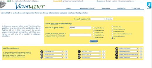 The Advanced Search page showing search options. VirusMINT can be queried for protein or gene name and for various database identifiers. Queries can be restricted to a strain of interest by clicking the corresponding radio button. The bottom half of the page lists all viruses represented in the database, and clicking on the corresponding virus name returns a graph of all interactions between viral and human proteins.