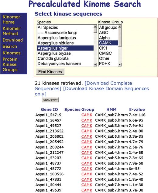 The precalculated kinomes may be downloaded from the Kinomer v. 1.0 website and select by species, kinase group or a combination of both.