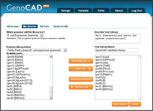 Creating a custom parts library. Users who create an account at the website are able to create their own parts libraries, and are then able to add custom parts to these libraries. Through the library creation interface, users select the grammar that their library will belong to, provide a name for their library, and can enter a description. Parts can be added to a new library from other libraries of the same grammar, which are loaded in the lower left box on the web page. All parts or a select subset of parts, from the existing library can be copied into or removed from the new library using the orange ‘add’ and ‘remove’ buttons.