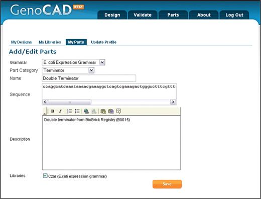 Interface to add a new part. Users that have created a custom library are able to add and save parts that can be used in their designs. The categories of parts permissible in designs are defined in the grammar, so the grammar must be chosen first through a drop down menu. A second drop down, then allows users to choose which part category the new part will belong to; in this case a new terminator is being created. The sequence and description of the part are entered in text boxes, and the library(s) to which the part will be added must be checked.