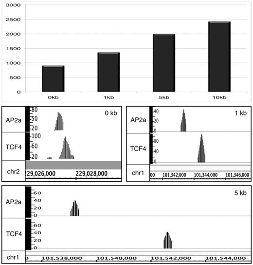 Using the Sole-Search Tool set to identify enhanceosomes. A location analysis of the 17 118 AP2α peaks and 21 102 TCF4 peaks was performed using the Location-Analysis Tool. The 6272 AP2α and 6682 TCF4 enhancer sites (defined as ±10 to 100 kb from the start site of a gene) were then compared using the Overlap Tool. The number of sites identified when the spacing between TCF4 and AP2α sites was varied between 0 kb (peaks must overlap) to 10 kb is shown in the top panel. Also shown are examples of AP2α and TCF4 peaks, all of them far from start sites of genes, that overlap by 0, <1 kb or <5 kb.