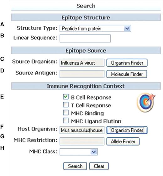 Home page search. The search fields are organized into those describing the epitope structure and source (A–D) and the immune recognition context (E–H).