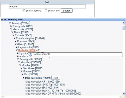 Host organism search. After entering the common name of ‘mouse’, the Organism Finder returns the scientific name of Mus musculus. The user can decide to select any higher level of the taxonomical tree, such as Rodentia (the synonym list is displayed when mousing over) or can further refine the search by selecting a specific strain.