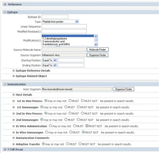 The advanced T cell search page. Field groups are collapsed for simplicity and can be opened or collapsed by clicking the + or − sign at each header.