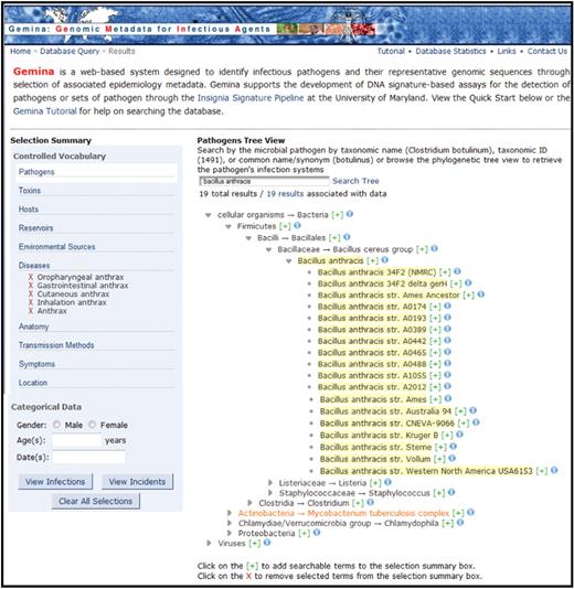 Gemina Database Query Web Interface. The Gemina web interface provides users with the option to select one or more vocabulary terms to build a query to submit against the Gemina database. This Bacillus anthracis example provides a demonstration of terms selected from two of Gemina's; vocabularies. Synonyms, common names, taxonomy IDs and multiple terms (such as Anthrax 2012) may be used in the search box. A search of the Diseases vocabulary and the term Anthrax will initiate a broader search and will retrieve data associated with the Anthrax term and terms that are children of Anthrax as they are types of Anthrax.