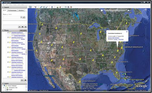 Gemina database geospatial surveillance resource. The Gemina Incident Search Report page provides geographic locations in GIS environment as demonstrated in this example of all incident locations for Clostridium botulinum. Links to related data at GenBank and NCBI's; Taxonomy database are provided under ‘Places’ and as pop-ups for each incident.