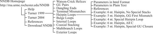The webpage hierarchy of the NNDB. This figure illustrates the page hierarchy by following the linked pages down through the 1999 parameters and down to the hairpin loop pages. Note that there are five example calculations for hairpin loops to illustrate the separate sequence-dependent rules that are used depending on the specific loop.