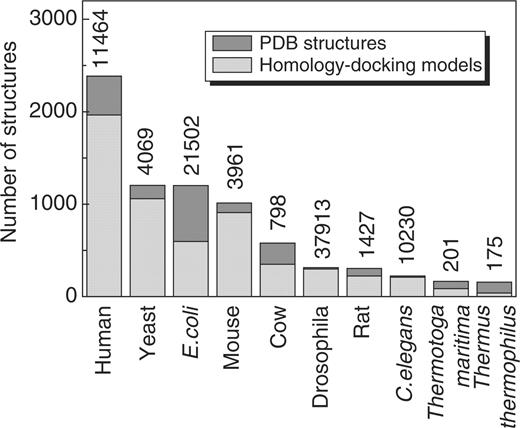 Number of experimental structures (dark gray bars) and structures modeled by homology docking (light gray bars) for 10 organisms with the largest structural coverage in GWIDD. Numbers at the bars indicate the total amount of non-identical interactions, including those with no structure, in DIP and BIND databases.