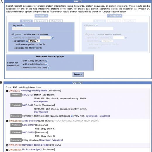 Example of a search by organism (A) and the results of this search (B).