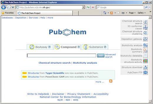 PubChem home page. One can search PubChem Substance, Compound and BioAssay by entering the search term into the input box or access the summary, chemical structure search and bioactivity analysis service using the respective links.