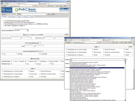 A screenshot for the BioAssay ‘Limits’ page. One can use this facility to retrieve bioassay records for a particular target using the ‘Target’ menu, to collect a list of bioassays records that have IC50 reported using the ‘Active Concentration|Specified’ option, to identify siRNA screening experiments using the ‘BioAssay Type|Substance Type|RNAi’ feature, or to find out assays targeting a specific protein by selecting one from the ‘Target’ menu.