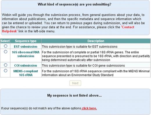 Selection of the sequence submission type.