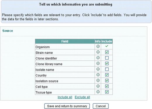 Selection of the fields to include in the submission.