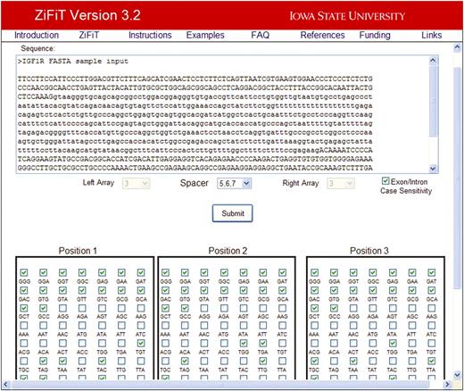 ZiFiT Input Window. In this example the user has chosen to scan for ZFN sites using OPEN. The sequence has been entered in FASTA format, with exon sequences in uppercase and intron sequences in lowercase. Published sets of OPEN finger pools available through the Zinc Finger Consortium are checked by default.
