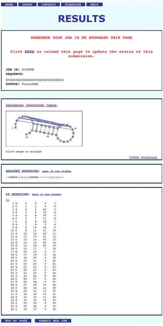 Screenshot of a typical prediction result returned by the CyloFold web server. The shown sequence corresponds to the bacteriophage T2 gene 32 mRNA pseudoknot (PDB 2TPK).
