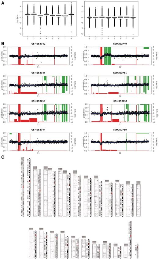 Example results from a typical analysis. Log-ratios corresponding to the eight samples from Kidd et al. (33) were analyzed. (A) Boxplots of log-ratios after (rigth) and before (left) median normalization. (B) Probability-based calling results for chromosome 21. Black points: normalized log-ratios. Blue lines: DNAcopy-segmented log-ratios. Red bars: loss probability. Green bars: red probability (inverted scale). (C) Karyotype including panels with gains (green, above chromosomes) and losses (red, below chromosomes).