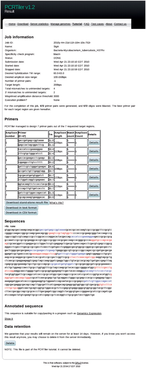 Screenshot of a typical PCRTiler result page. The first section of the result page includes information about parameters of the request, such as the job name, the targeted organism, the tiling parameter and the desired Tm range. The second section gives the best primer pairs for each sub-region. The user can export this list in comma-separated values or tab-delimited format. The standalone result file can be opened by the standalone PCRTiler application. The third section provides a graphical view of the positions of the suggested oligonucleotides on the provided sequence. Forward and reverse oligonucleotides are highlighted. The fourth section gives an alternative description of the sequence and the primers designed in a markup language suitable for use in a sequence editing software such as Genamics Expression. Please note that this section is hidden (collapsed) in this screenshot. The last section allows the user to delete their result file from the server before the automatic expiry delay, currently set at 14 days.