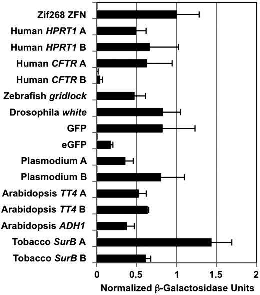Activity of 15 custom TALEN pairs targeting diverse sequences in a reporter-based yeast assay. TALENS were targeted to gene sequences from the indicated organisms and to GFP and eGFP using the software and constructed using the Golden Gate method and plasmids described in the text. Activity was measured in a yeast-based assay in which cleavage and recombination reconstitutes a functional lacZ gene (see text for details). Activity was normalized to a Zif268 ZFN positive control. Activity of target-only controls for each is plotted above the target-plus-TALEN values; in each case the activity was undetectable. Error bars denote s.d.; n = 3.
