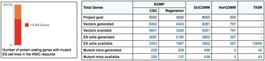 截至2010年8月，IKMC工作进展总结。迄今为止，IKMC已经产生了14 737个蛋白编码基因的突变ES细胞系。该表显示了靶向载体、突变ES细胞和突变小鼠准备分发的基因数量。