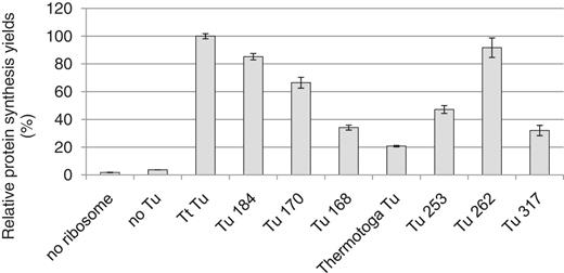 Testing the functional conservation of resurrected ancient elongation factors (indicated at the bottom) in the reconstituted T. thermophilus system in which Tt Tu is replaced by each of the ancient elongation factors (indicated at the bottom) (Supplementary Figure S5). The translation reactions containing stGFP mRNA are conducted at 50°C for 4 h. The relative synthesis yields (%) are based on the fluorescence of the reactions compared with that of the original reconstituted system (Tt Tu, set as 100). All data are based on at least two independent experiments.