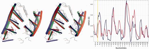 Superposition of Bujnicki_model_2 and Santalucia_model_1 (left) with reference structure; Multi-model plot (right) corresponds to discussed regions (green color—reference structure, red color—globally less accurate model (Santalucia_model_1), blue color—globally more accurate model (Bujnicki_model_2)).