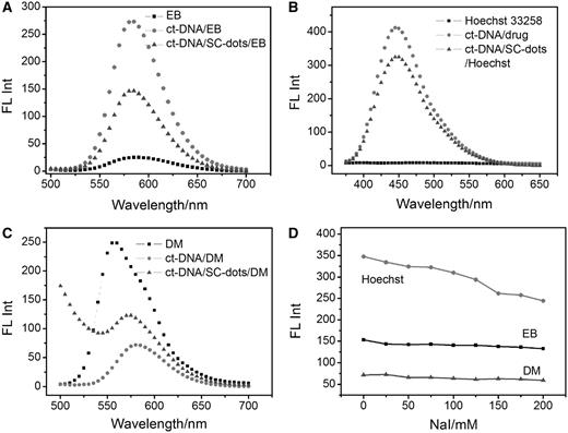 Fluorescence emission spectra of ( A ) 1 µM EB (Excitation wavelength: 480 nm); ( B ) 1 µM Hoechst 33258 (Excitation wavelength: 355 nm); ( C ) 1 µM DM (Excitation wavelength: 480 nm): 1 µM fluorophore (EB, Hoechst 33258, DM) alone (squares), 30 µg ml −1 ct-DNA+ 1 µM fluorophore (dots), 30 µg ml −1 ct-DNA+5 µg ml −1 SC-dots+ 1 µM fluorophore (uptriangles). ( D ) Plot of fluorescence intensity of fluorephore-DNA–SC-dots versus NaI concentrations from 0 to 200 mM. ct-DNA: 30 µg ml −1 ; SC-dots: 5 µg ml −1 ; 1 µM different fluorephore drugs.