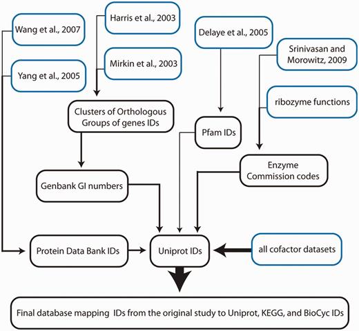 An overview of methods used to map the eleven early life data sets onto the underlying database framework of Uniprot, KEGG and Biocyc IDs. Initial data sets extracted either from previous studies or generated by the authors are highlighted in blue. Line thickness corresponds directly to the number of files at each methodological step. A complete description of ID mapping for each data set can be found in the LUCApedia documentation available for download from the web server.