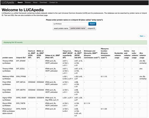 A screen shot of the LUCApedia web server search function. Protein names can be entered into the search field and the search will return all corresponding Uniprot IDs along with evidence of their relevance to ancient life. Searches may be conducted for either exact or partial protein names. If a name search does not return any results, Uniprot IDs may also be directly queried.