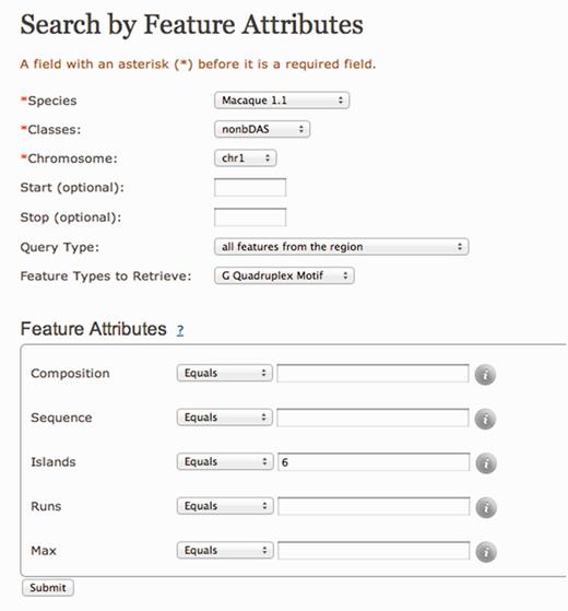 Search by Feature Attributes page with G-quadruplex motif as an example. Search by features allows for multiple filters for each feature. In the case of G-quadruplexes, users can filter the results based on base composition, sequence, number of G islands and number of G runs, and the largest G-quadruplex can be formed. Each filter can have one or more values, such as ‘equal’, ‘not equal’, ‘less than’ and ‘greater than’ allowing flexibility in the filtering process.