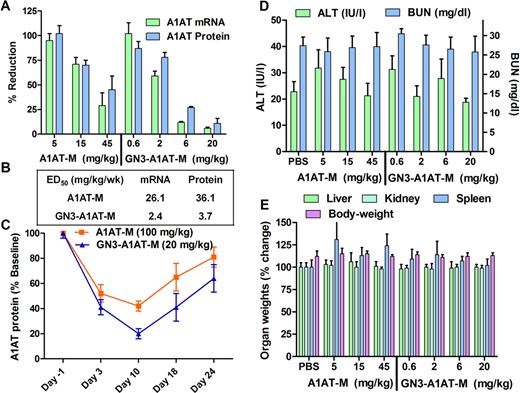 (A) Reduction of mouse A1AT mRNA in mouse (C57BL/6) liver and A1AT protein in plasma following subcutaneous injection of A1AT-M (5, 15 and 45 mg/kg) and GN3-TTR-M (0.6, 2, 6 and 20 mg/kg) once a week for 3 weeks. (B) ED50 (mg/kg/wk) for reducing A1AT mRNA in mouse liver and protein in plasma. (C) Recovery of A1AT protein in mouse plasma following subcutaneous injection of A1AT-M (100 mg/kg) or GN3-A1AT-M (20 mg/kg). Tolerability data from the 3-week study showing no drug-induced elevations in (D) plasma transaminases or (E) organ weights. All data are expressed as mean ± SD.