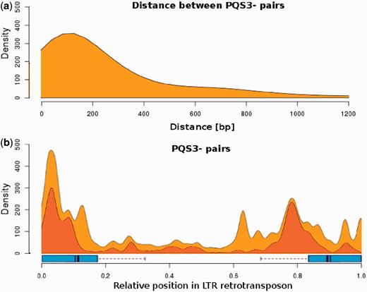 Occurrence of PQS double clusters. (a) The density of PQS clusters containing a minimum of four adequately spaced GGG groups against their mutual distance inside LTR retrotransposons. (b) The density of double PQS clusters (up to 1000 bp mutual intercluster distance) visualized along TEs (red), overlayed with PQS3− data from Figure 1 (orange).