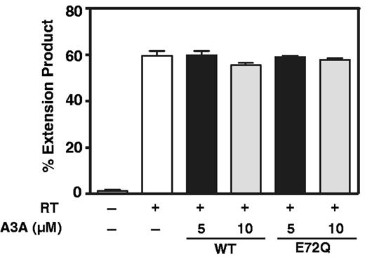 Effect of A3A on HIV-1 RT-catalyzed extension of a (−) SSDNA oligonucleotide. The bar graph shows the percent of DNA extension product without (−) or with (+) RT and/or A3A. The positive control reaction with RT only is shown as a white bar. Reactions with RT contain either 5 µM (black bar) or 10 µM (gray bar) A3A (WT and E72Q mutant).