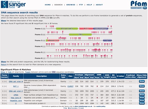 Results from searching Pfam with the Hepatitis B virus isolate G376-7, complete genome (GenBank accession AF384371.1), providing a striking example of overlapping genes. The six reading frames are displayed graphically in the top box of the results page. All three reading frames from the positive strand contain matches to Pfam-A, which are tabulated below. The positions of stop codons are indicated by the square lollipops. The results are shown with the ‘protein’ coordinates of the open reading frame, but it is also possible to toggle this to DNA sequence coordinates. This search tool accepts sequences up to 80 000 nucleotides in length, and searches the Pfam-A HMM library using the gathering threshold.