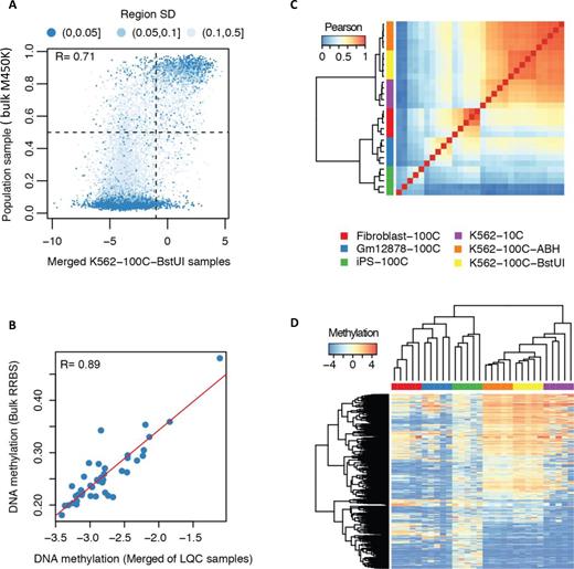 Characterization of CGI-seq on low quantity cells (LQC). (A) The correlation between the averaged methylation score of five 100-cell K562 samples and bulk M450K data with 350 000 K562 cells (UCSC ENCODE website). The Pearson correlation based on all informative CGIs was used to measure the diversity of CpG methylation. Region SD is the standard deviation of methylation scores of all CpGs in one CGI. Points in dark blue clusters are those CGIs whose CpGs have a similar methylation score, and points in light blue are those CGIs with diverse methylation of their CpGs. (B) DNA methylation levels of 41 classes of different regulatory markers between bulk ENCODE RRBS data and averaged LQC data generated by CGI-seq for K562 cell line. These 41 regions include Cbp, Cbx2, Cbx3, Cbx8, CGI, Chd1, Chd4, Chd7, Cfcf, Ezh2, H2az, H3k27ac, H3k27me3, H3k36me3, H3k4me1, H3k4me2, H3k4me3, H3k79me2, H3k9ac, H3k9me1, H3k9me3, H4k20me1, Hdac1, Hdac2, Hdac6, Lsd1, Ncor, Nsd2, P300, Pcaf, Phf8, Plu1, Pol2b, Promoter, Rbbp5, Rest, Rnf2, Sap30, Setdp1, Sirt6 and Suz12. (C) CGI-seq clustering based on Pearson correlation of CGI methylation across 30 LQC samples of four cell lines (Fibroblast-100C, GM12878-100C, iPS-100C, K562-100C and K562-10C). 100C: 100-cell sample; 10C: 10-cell sample. The samples not indicated with ABH (AciI, BstUI and HpaII) or BstUI are all cut by ABH as RE2. (D) Heatmap of the top 1000 variant CGIs in methylation across 30 LQC samples of four cell lines.