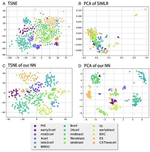 2D visualizations for some of the methods in Table 2. Colors represents cell types as shown below the figures. (A) 2D TSNE of the original data. (B) 2D PCA for SIMLR-transformed data. (C) 2D TSNE of the second layer of the PPI/TF NN. (D) 2D PCA of the second layer of the PPI/TF NN.