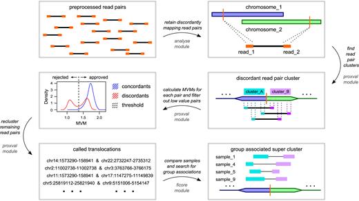 Translocation screening workflow. Pre-processed, discordant read pairs are used to build clusters and MVMs are calculated from clustered pairs. The MVM distribution of concordant pairs is used to identify high-quality discordant pairs. Candidate translocations are then identified from clusters built with high-quality discordant pairs. If a set of samples from the same patient group/disease group shares a common translocation that the normal population does not, a group specific cluster is called.