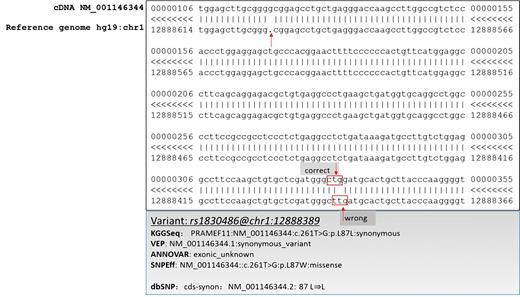 An example that the reference genome has a gap compared to the latest reference cDNA provided by the refGene database. Note: The alignment result was copied from a webpage of UCSC (https://genome.ucsc.edu/cgi-bin/hgc?hgsid=570008099_N9gTjX22Iv9RKMv0HA8tgBeJn4Oj&g=htcCdnaAli&i=NM_001146344&c=chr1&l=12884617&r=12891264&o=12884617&aliTable=refSeqAli&table=refGene). The rectangle in red denotes the amino acid codon used for gene feature annotation. For SNPEff, the UCSC reference genome hg19 was used.