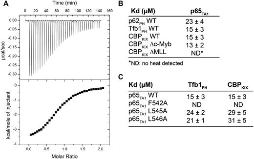 Binding of p65TA1 to Tfb1PH/p62PH and CBPKIX characterized by ITC. (A) Representative ITC thermogram obtained by successive additions of p65TA1 to Tfb1PH. (B) Summary of dissociation constants (KD) values obtained from ITC experiments of p65TA1 with p62PH, Tfb1PH, CBPKIX and CBPKIX mutants. (C) Summary of KD values obtained from ITC experiments for Tfb1PH and CBPKIX with p65 TA1 mutants from the ΦXXΦΦ motif.
