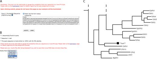 L1 based taxonomic classification. The PaVE taxonomy tool is designed to aid researchers in preliminary classification of novel papillomaviruses. (A) The tool accepts the L1 nucleotide sequence in FastA format. The sequence can be uploaded, or pasted into the search box. (B) Results are summarized, and more detailed information is provided, in multiple formats. (C) The phylogenetic position of the submitted L1 sequence is displayed. For representation purposes, the tree was cropped from the full tree. Dotted lines indicate that the tree continues along the indicated branch.