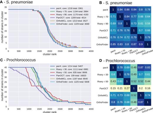 Pan-genome statistics. Panels A and C show the distribution of the number of strains represented in pan-genomes of 33 S. pneumoniae and 40 Prochlorococcus strains constructed by panX, Roary, OrthoFinder, OrthoMCL and PanOCT (the last two tools are only available for the smaller Prochlorococcus data set). To obtain these graphs, clusters are sorted by descending number of strains represented in the cluster. This number is then plotted against the rank of the sorted clusters. The point where the lines drop below the number of strains marks the size of the core genome. PanX, OrthoFinder and OrthoMCL largely agree on the cluster size distribution, the number of core genes and the total size of the pan-genome (with ∼10% variation). Roary agrees with the latter tools if the identity cut-off is chosen appropriately, while PanOCT estimates a very small core genome and an extremely large number gene clusters. Panels B and D show the degree to which different pan-genome tools agree with each other. Each row shows the fraction of clusters identified by one tool, which exactly match the clusters identified by another tool. Analogous results for simulated data are given in Supplementary Figure S6.