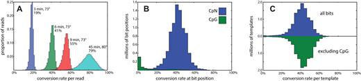 Sodium bisulfite conversion rates. (A) Using a kit for sodium bisulfite conversion (Materials and Methods), the standard protocol (cyan) involves a step with a 45-min incubation at 80°C. This converts (on average) 79% of cytosines, consistent with expected rates of genomic cytosine methylation. Reducing the temperature to 73°C and the time to 3, 6 and 9 min results in mean conversions of 19%, 41% and 55%, respectively. (B) A high-depth sequencing library from the 6-min conversion shows a mean conversion rate 42% per cytosine position with near zero conversion of cytosines in the CpG context. (C) The per-template cluster mutation rate is shown as a histogram. The majority of template clusters are consistent with independent conversion at a fixed rate, whether or not we exclude CpG from the count. However, there are some templates—about 0.5%—that largely escape conversion.
