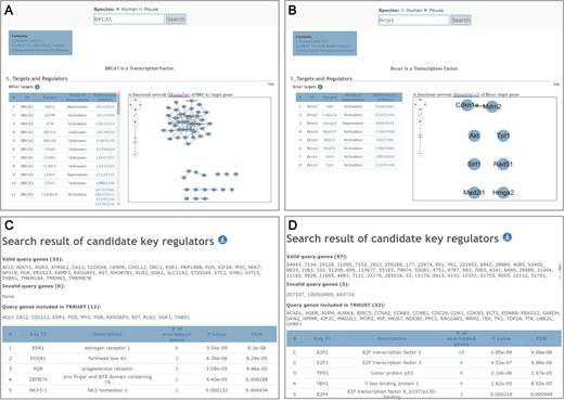 Screenshots of the search result pages for human BRCA1 gene (A) and for mouse Brca1 gene (B). Screenshots of the search result page for candidate key transcription factors (TFs) based on 33 genes responsive to siRNA knockdown of ESR1 gene (C) and based on 100 differentially expressed genes in lung tumor samples (D). In the case of lung tumor samples, only 97 of the 100 user-input genes are valid genes, which are annotated by CCDS.
