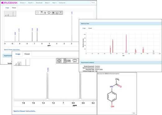 A screenshot montage of DrugBank's new spectral viewing features showing experimentally acquired NMR and ESI-MS/MS spectra for acetaminophen.